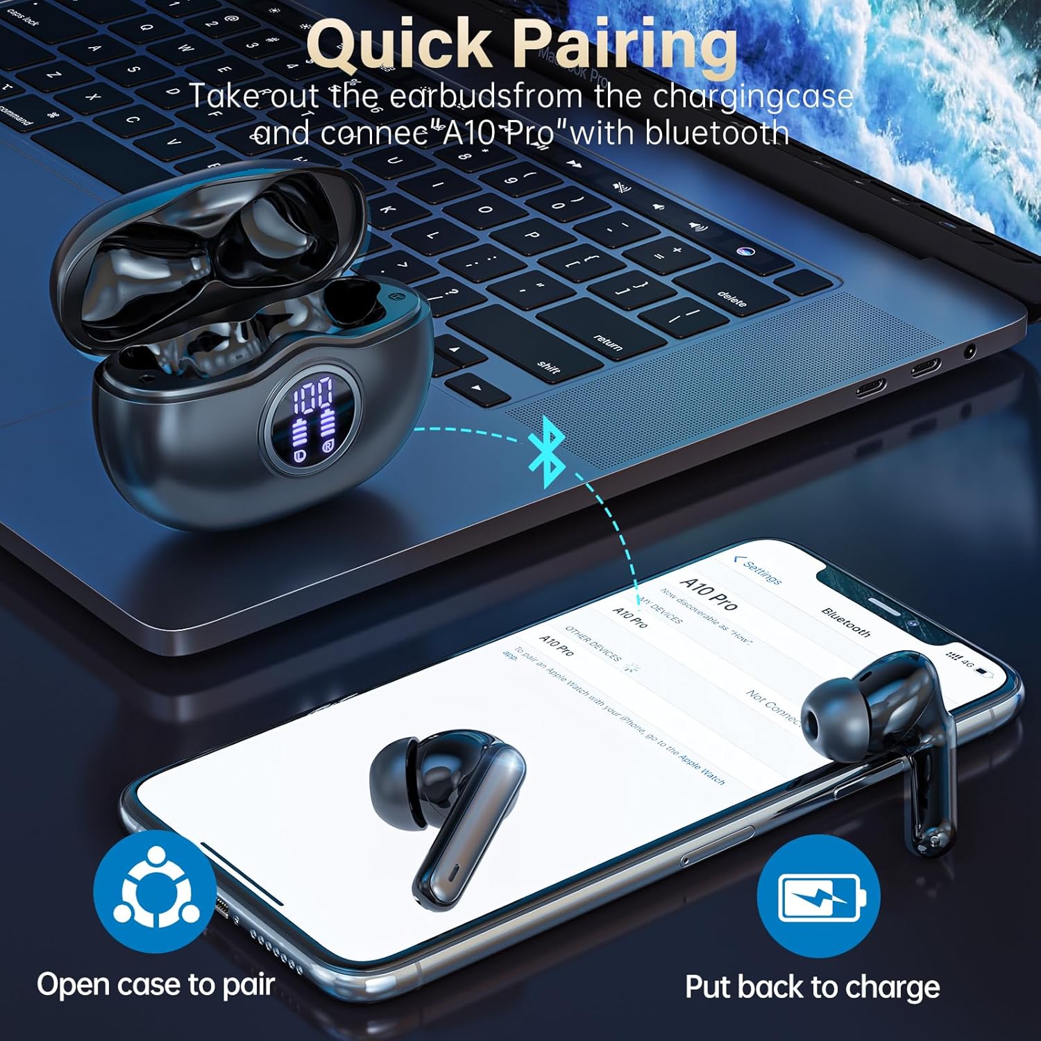 A10 Pro Wireless Earbuds, Bluetooth 5.3 Headphones HiFi Stereo 50H Playback LED Digital Display Ear Buds with ENC Noise Canceling Headset, IPX7 Waterproof Earphones for Gym/Running/Work - Image 2
