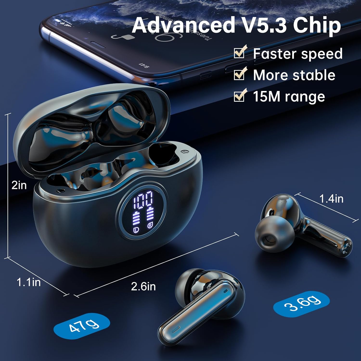 A10 Pro Wireless Earbuds, Bluetooth 5.3 Headphones HiFi Stereo 50H Playback LED Digital Display Ear Buds with ENC Noise Canceling Headset, IPX7 Waterproof Earphones for Gym/Running/Work - Image 4