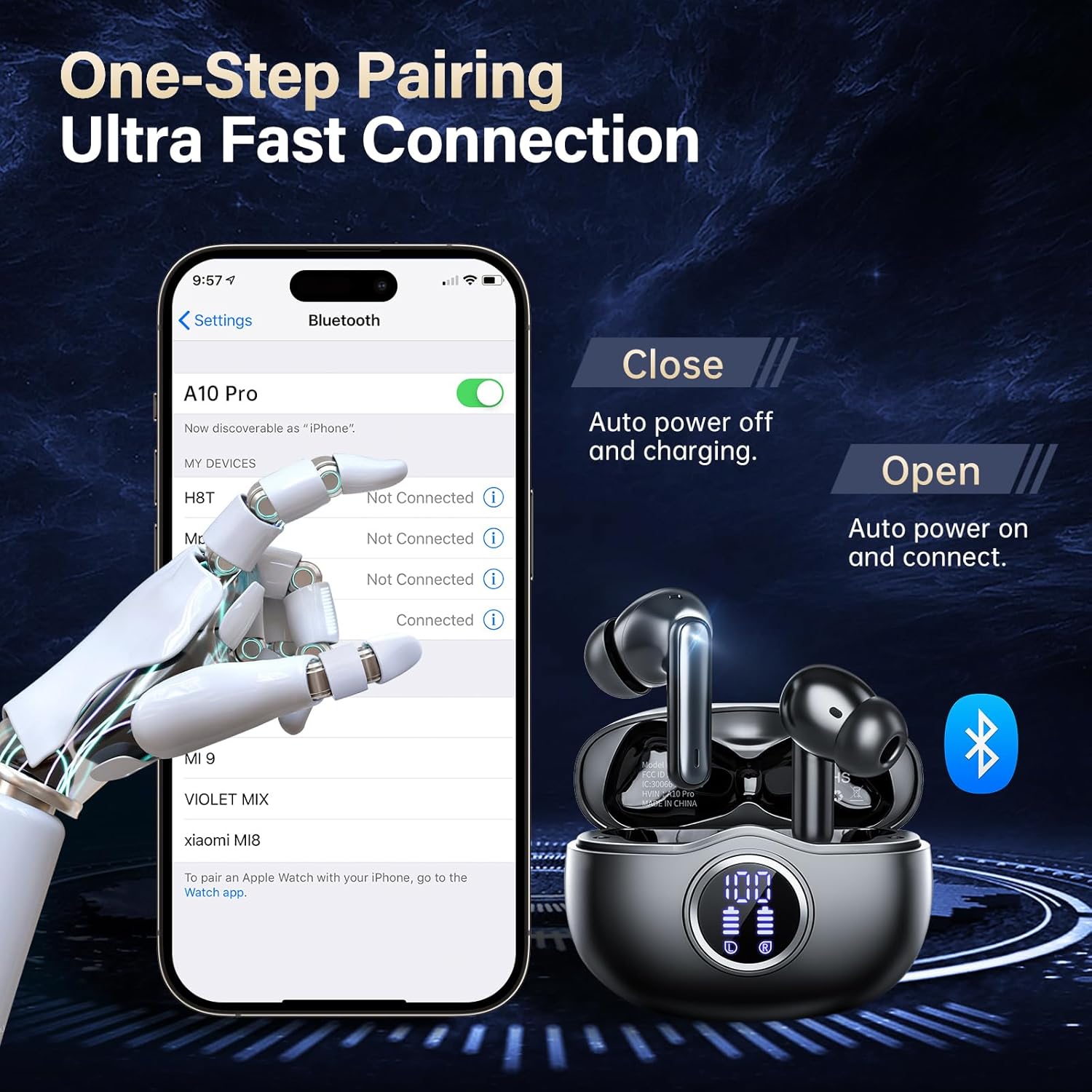 A10 Pro Wireless Earbuds, Bluetooth 5.3 Headphones HiFi Stereo 50H Playback LED Digital Display Ear Buds with ENC Noise Canceling Headset, IPX7 Waterproof Earphones for Gym/Running/Work - Image 7