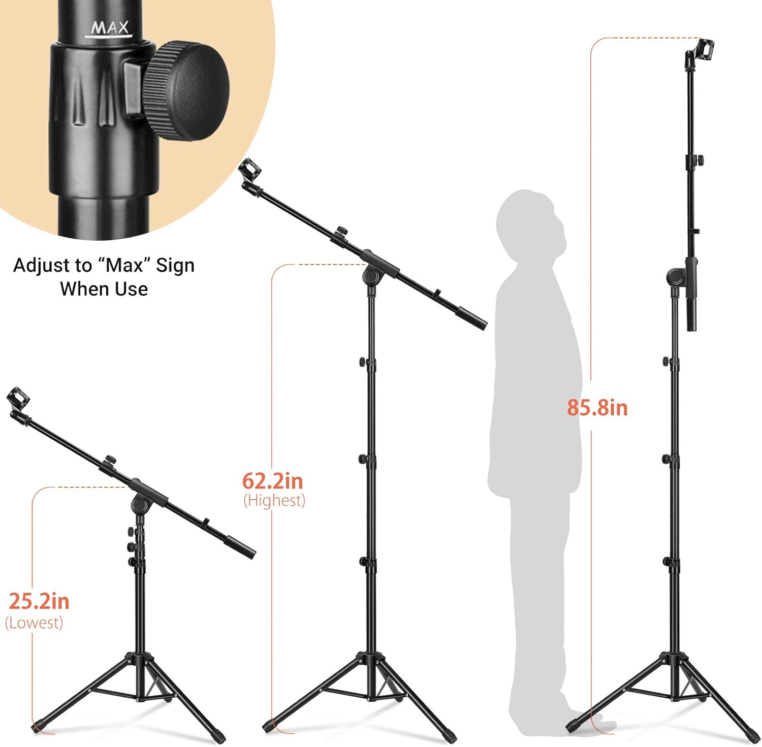 CAHAYA Tripod Microphone Stand Boom Arm Floor Mic Stand with Carrying Bag and 2 Mic Clips for Singing Performance Wedding Stage and Mic Mount CY0239 - Image 8