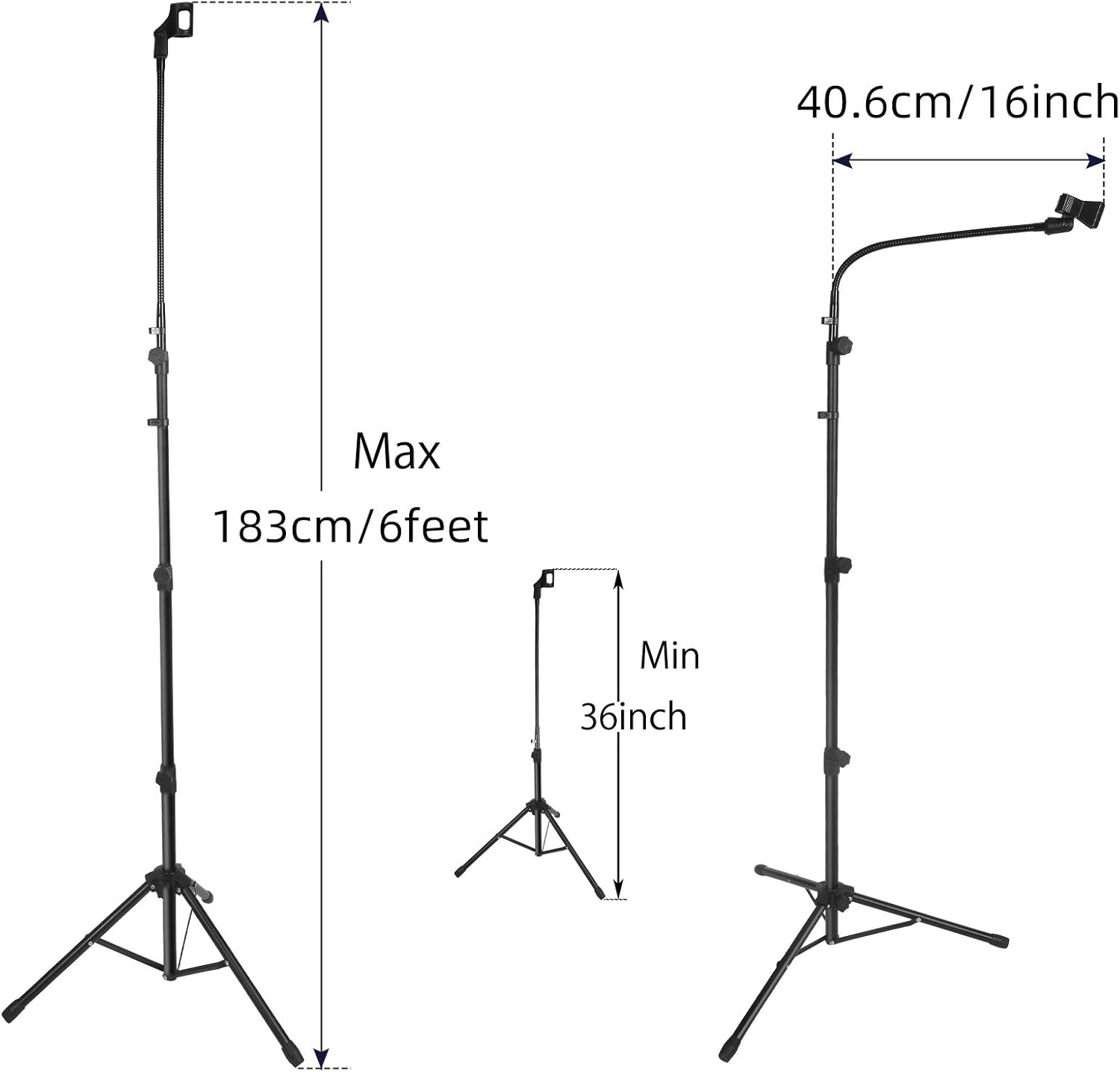 Mic Stand Boom Microphone Stands Tripod Gooseneck mic arm stand Height Adjustable 3'- 6' with Mic Clips and 3/8" - 5/8" Adapter Microphone stand for Singing - Image 2