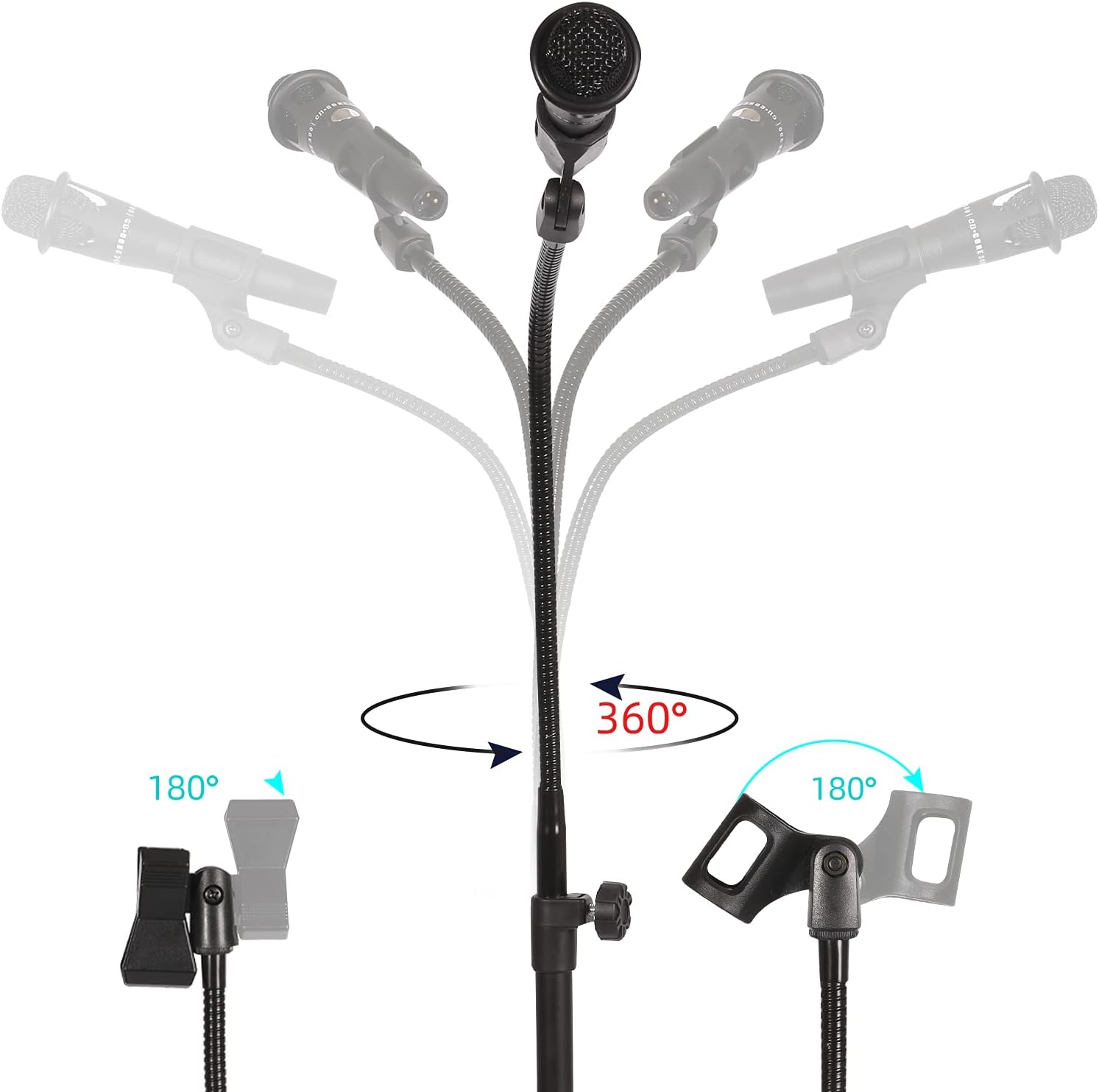 Mic Stand Boom Microphone Stands Tripod Gooseneck mic arm stand Height Adjustable 3'- 6' with Mic Clips and 3/8" - 5/8" Adapter Microphone stand for Singing - Image 3