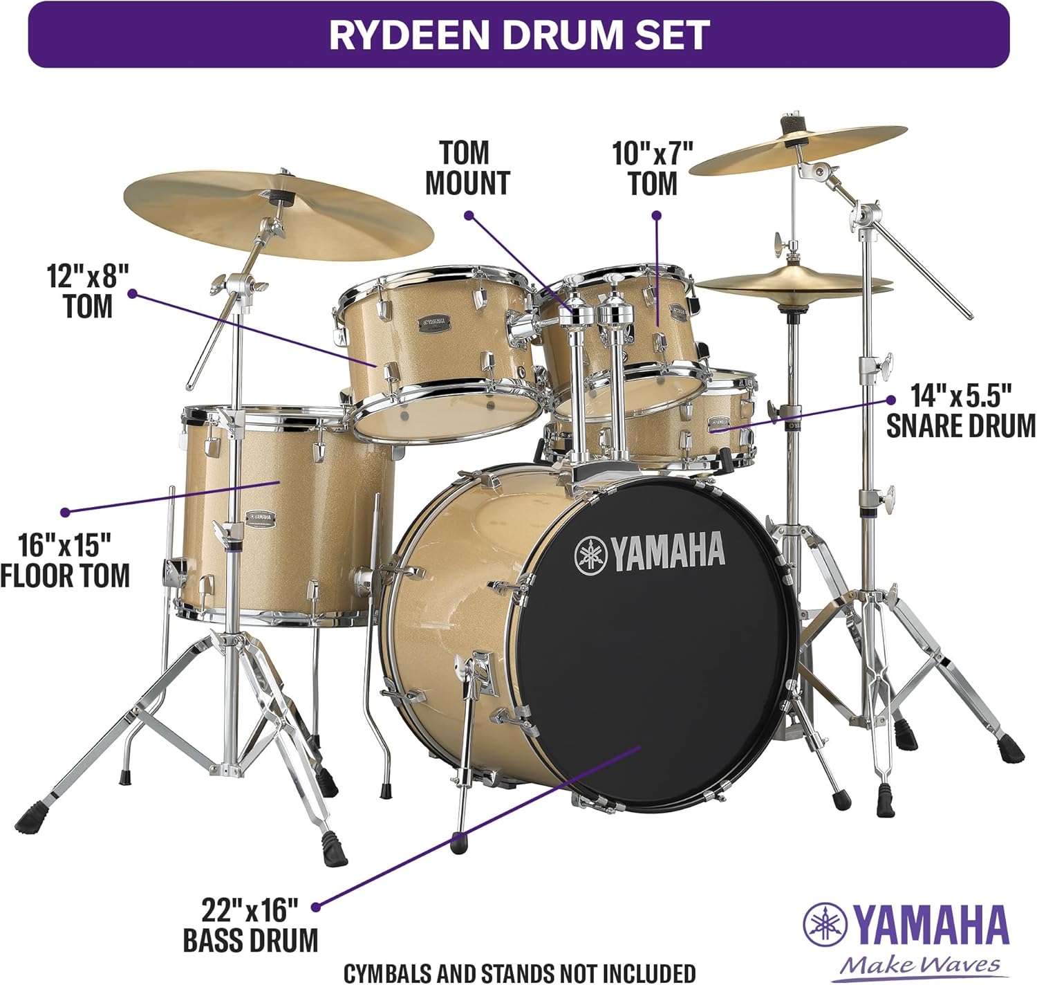 Yamaha Rydeen 5-Piece Drum Set With 22" Bass Drum, Floor Tom, 2 Toms With Ball Clamp And Wood Snare Drum, Champagne Glitter - Image 4