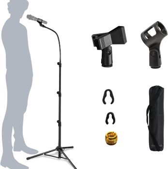 Mic Stand Boom Microphone Stands Tripod Gooseneck mic arm stand Height Adjustable 3′- 6′ with Mic Clips and 3/8″ – 5/8″ Adapter Microphone stand for Singing