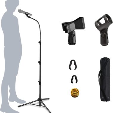 Mic Stand Boom Microphone Stands Tripod Gooseneck mic arm stand Height Adjustable 3′- 6′ with Mic Clips and 3/8″ – 5/8″ Adapter Microphone stand for Singing